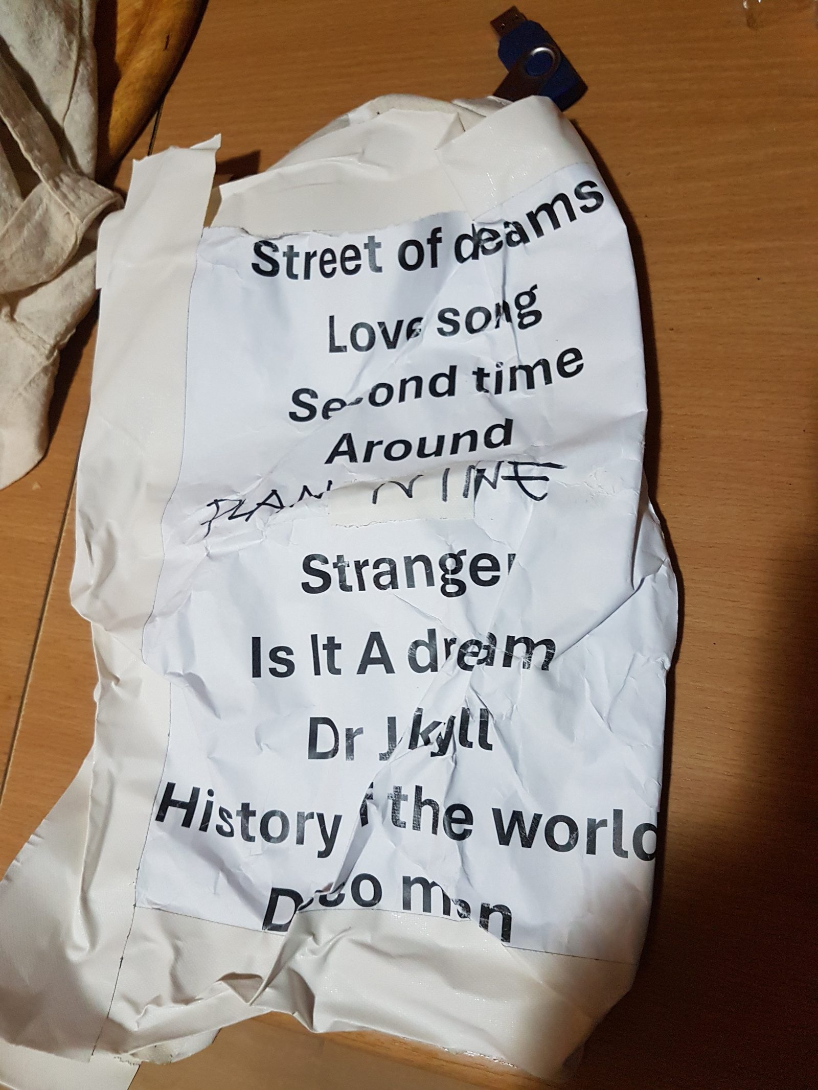 A crumpled setlist with the running order
