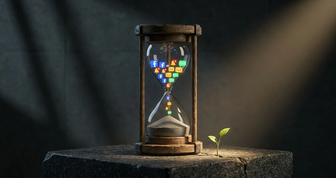 An hourglass with notification icons falling through it instead of sand