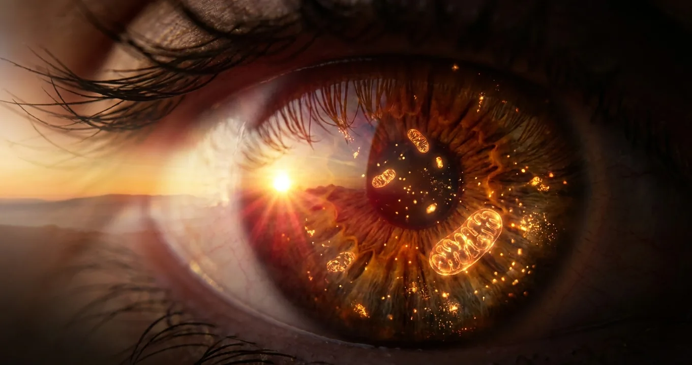 Jutarnje sunce i mitohondriji u oku - AI ilustracija