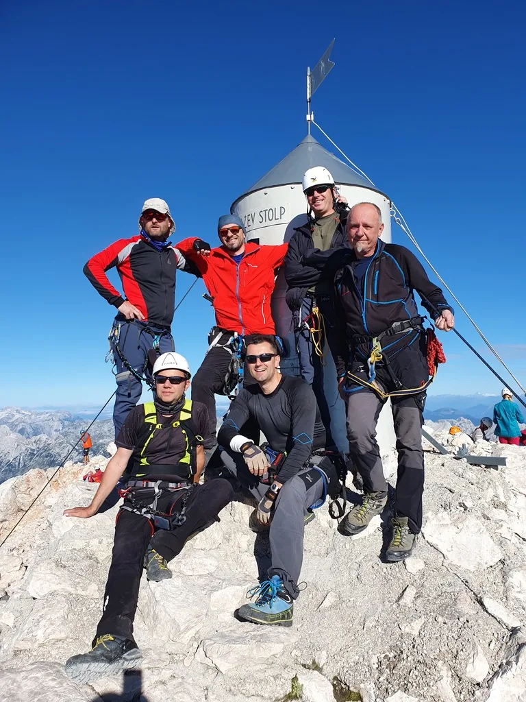 The Aljaž Tower, with the crew from the Stubičan mountaineering club